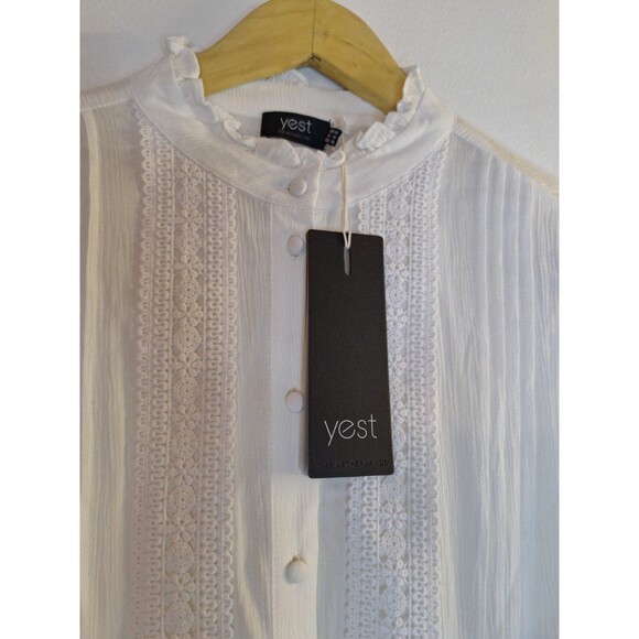 YEST Women's White Gauzy Cotton Button Up Shirt Women's Sz 10 Crochet Bohemian - Picture 6 of 12